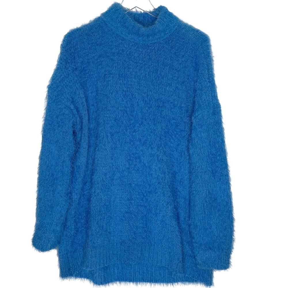 Show Me Your Mumu Timmy Tunic Sweater XS Oversized Bright Blue Knit Fuzzy
